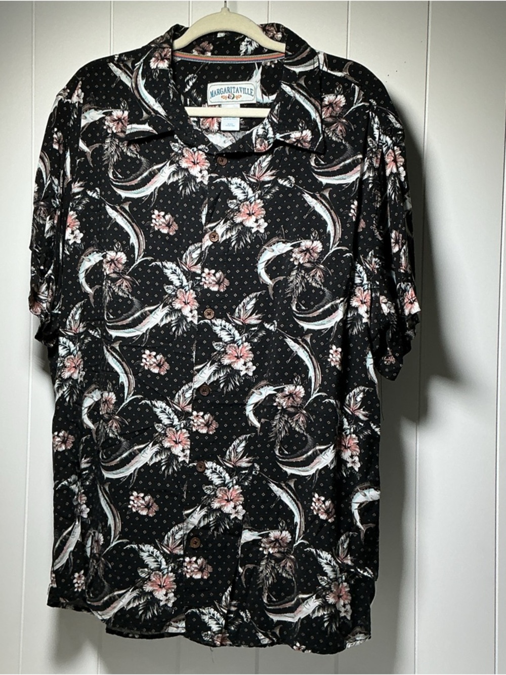 Margaritaville Hawaiian Aloha Camp Shirt Marlin & Floral Size XL Rayon Black
